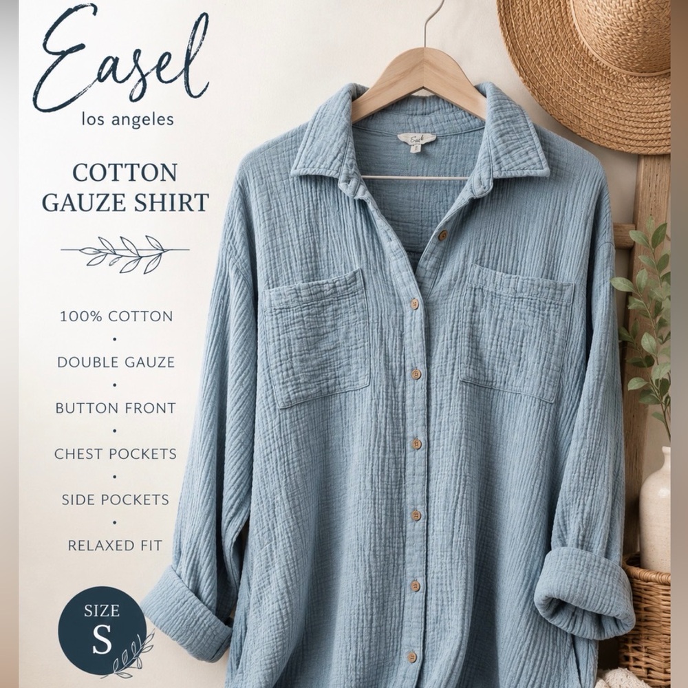 Easel Blue Double Gauze Cotton Button Front Tunic Shirt Small Pockets Boho